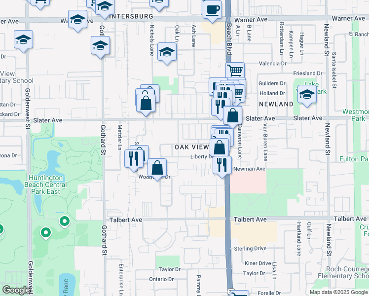 map of restaurants, bars, coffee shops, grocery stores, and more near 7752 Speer Drive in Huntington Beach
