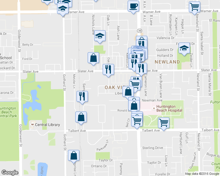 map of restaurants, bars, coffee shops, grocery stores, and more near 7752 Speer Drive in Huntington Beach