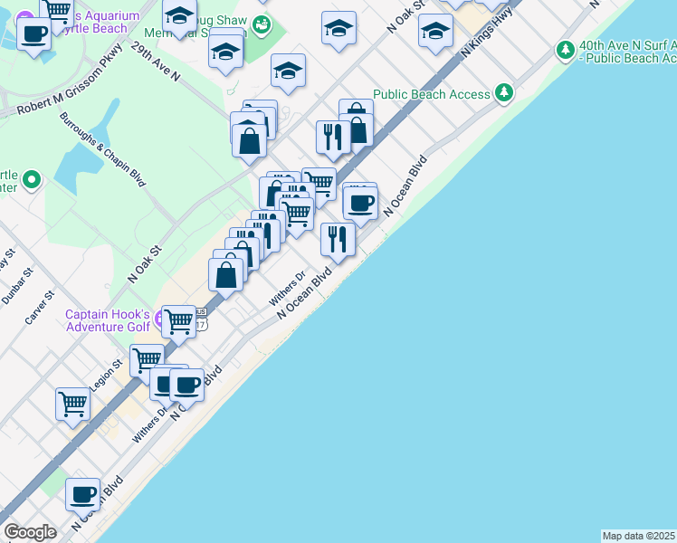 map of restaurants, bars, coffee shops, grocery stores, and more near 2800 North Ocean Boulevard in Myrtle Beach
