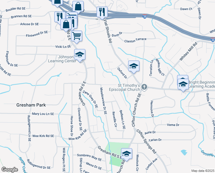 map of restaurants, bars, coffee shops, grocery stores, and more near 2091 Parker Ranch Road Southeast in Atlanta