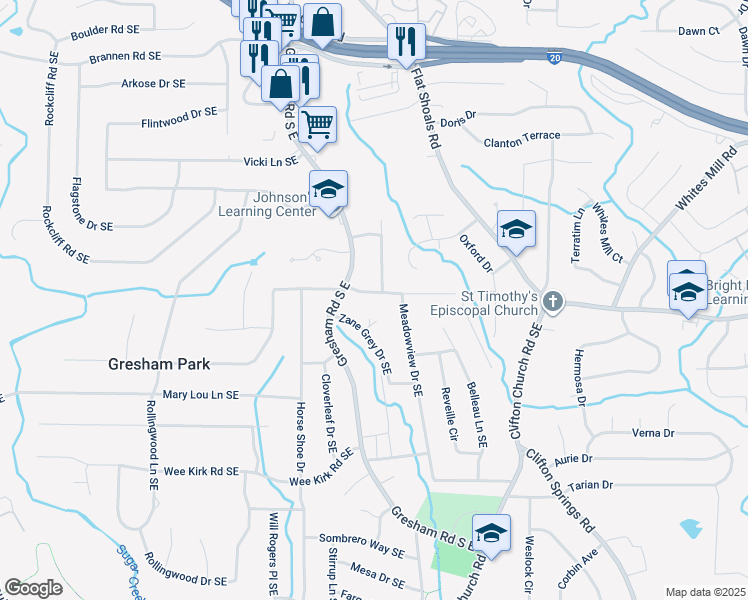 map of restaurants, bars, coffee shops, grocery stores, and more near 2019 Parker Ranch Road Southeast in Atlanta