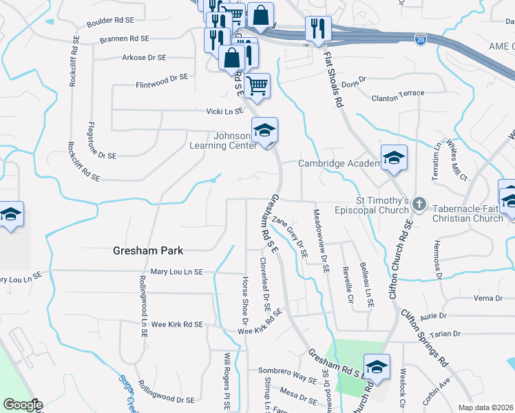 map of restaurants, bars, coffee shops, grocery stores, and more near 2047 Boulderview Drive Southeast in Atlanta