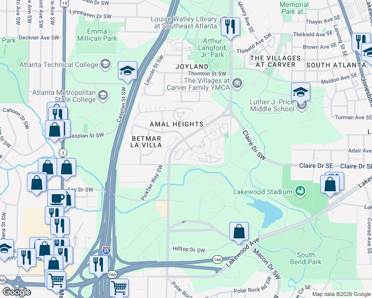map of restaurants, bars, coffee shops, grocery stores, and more near 1752 Pryor Road Southwest in Atlanta