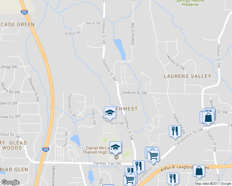 map of restaurants, bars, coffee shops, grocery stores, and more near 1803 Childress Drive Southwest in Atlanta