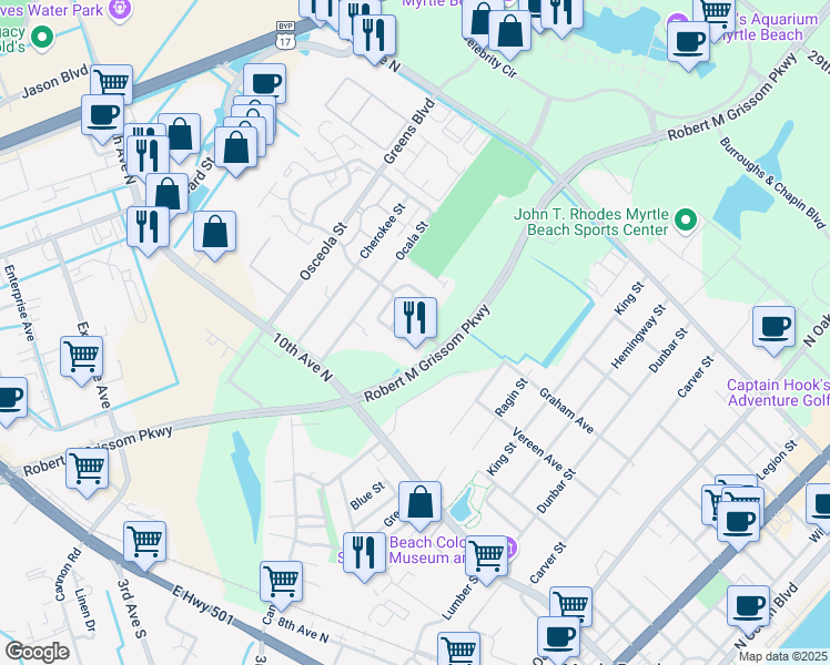 map of restaurants, bars, coffee shops, grocery stores, and more near 1210 Brown Pelican Drive in Myrtle Beach