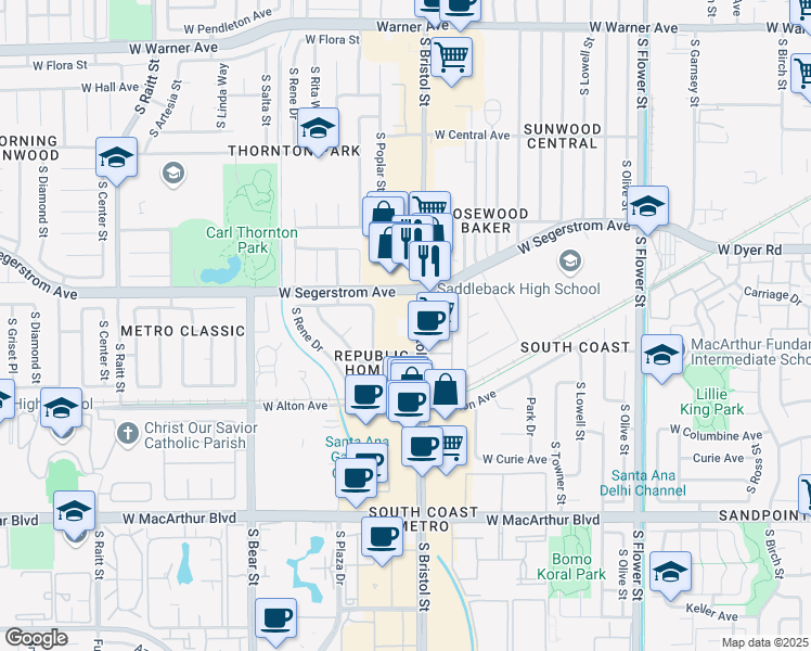 map of restaurants, bars, coffee shops, grocery stores, and more near 3050 South Bristol Street in Santa Ana