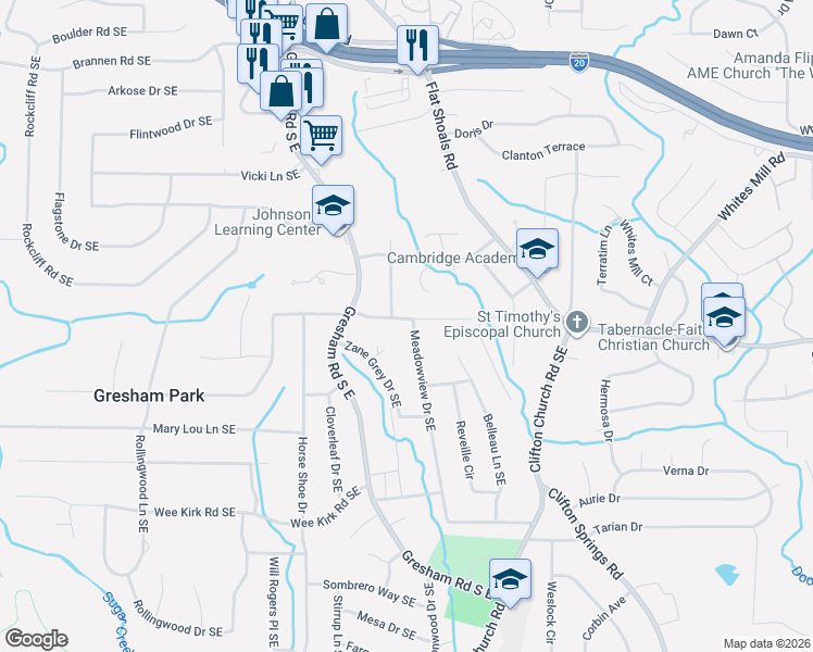 map of restaurants, bars, coffee shops, grocery stores, and more near 2061 Parker Ranch Road Southeast in Atlanta