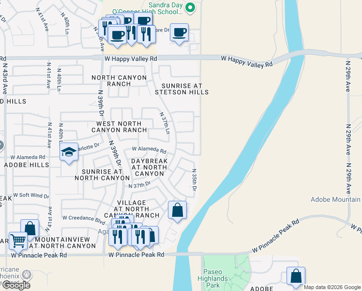map of restaurants, bars, coffee shops, grocery stores, and more near 3615 West Charlotte Drive in Glendale