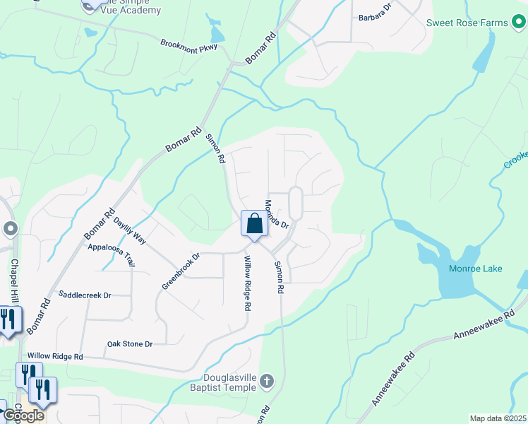 map of restaurants, bars, coffee shops, grocery stores, and more near 3661 Morinda Drive in Douglasville