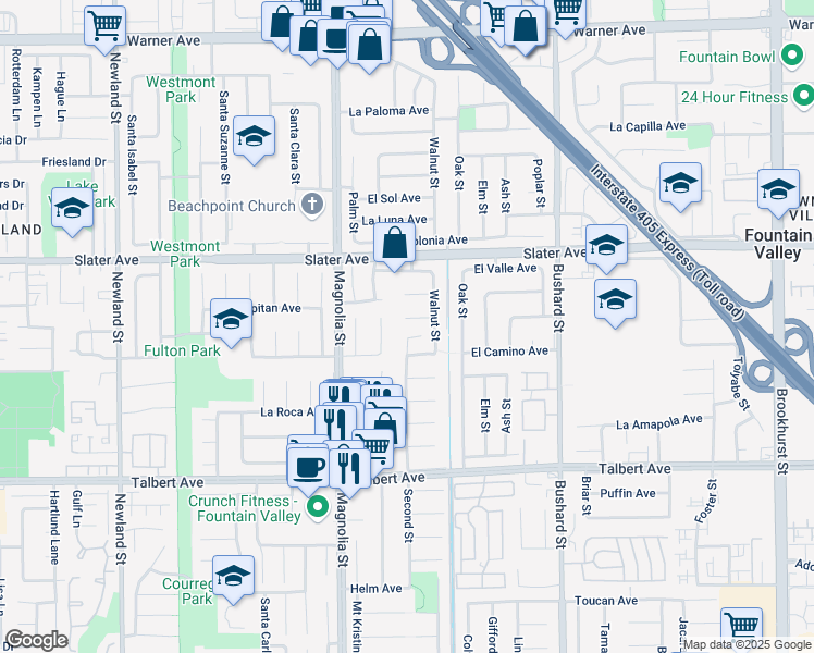 map of restaurants, bars, coffee shops, grocery stores, and more near 9156 El Azul Circle in Fountain Valley