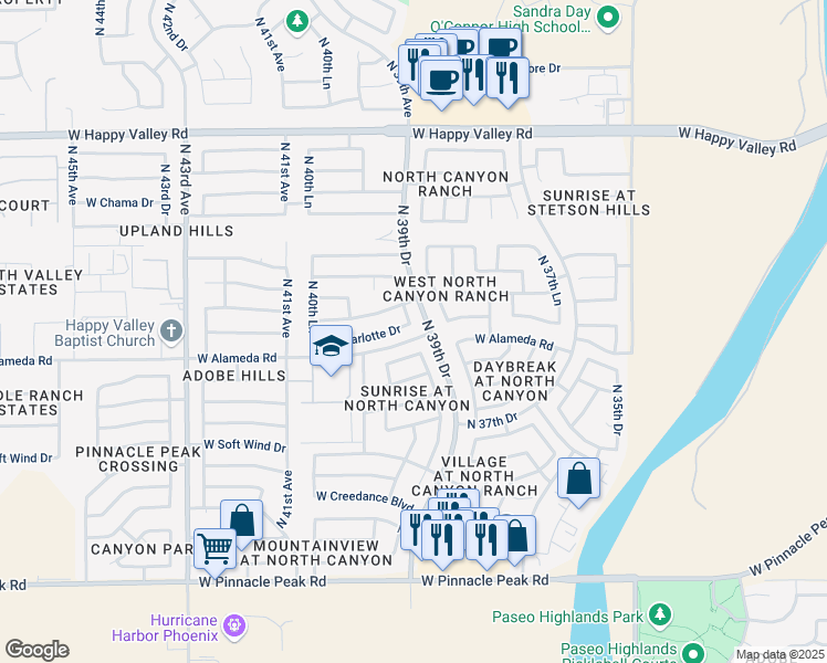 map of restaurants, bars, coffee shops, grocery stores, and more near 24207 North 39th Lane in Glendale