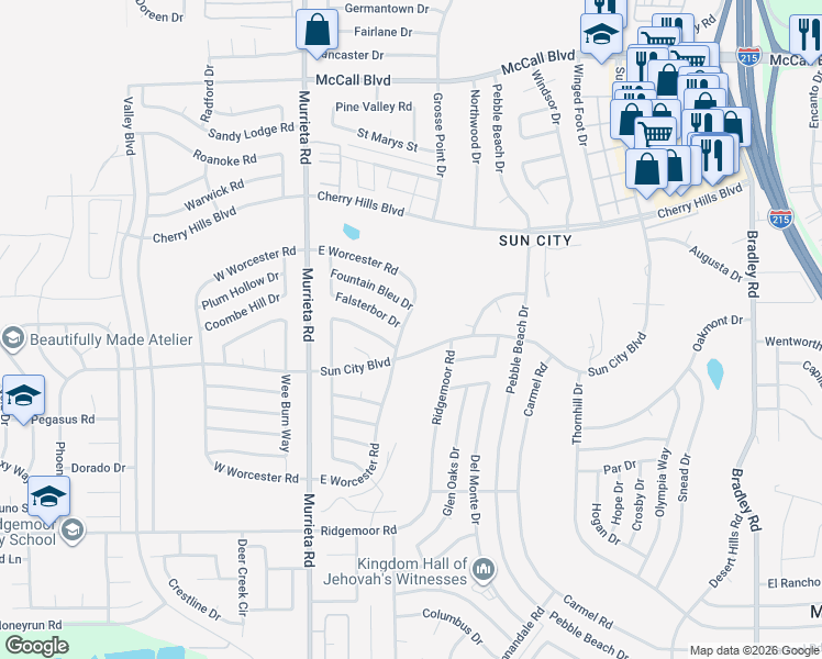 map of restaurants, bars, coffee shops, grocery stores, and more near 26240 Falsterbor Drive in Menifee