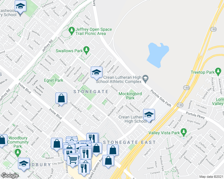 map of restaurants, bars, coffee shops, grocery stores, and more near 76 Gainsboro in Irvine