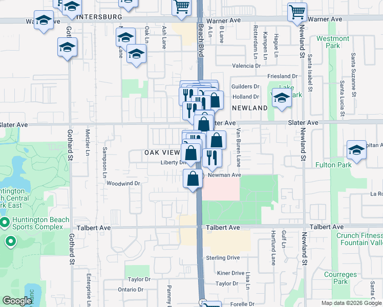 map of restaurants, bars, coffee shops, grocery stores, and more near 7942 Speer Drive in Huntington Beach
