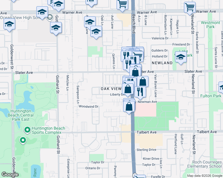 map of restaurants, bars, coffee shops, grocery stores, and more near 7802 Speer Drive in Huntington Beach