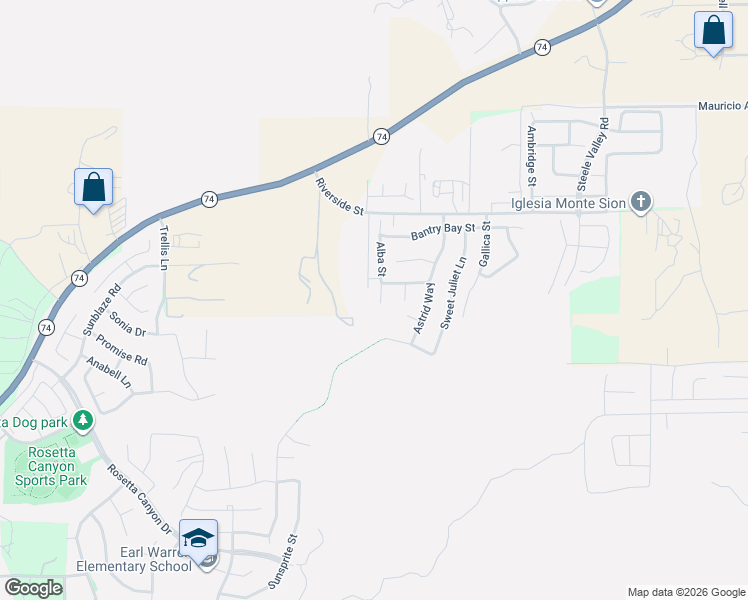 map of restaurants, bars, coffee shops, grocery stores, and more near 52983 Alba Street in Lake Elsinore
