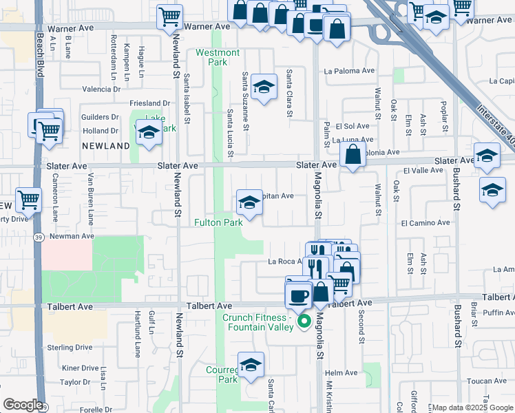 map of restaurants, bars, coffee shops, grocery stores, and more near 8807 El Lago Circle in Fountain Valley