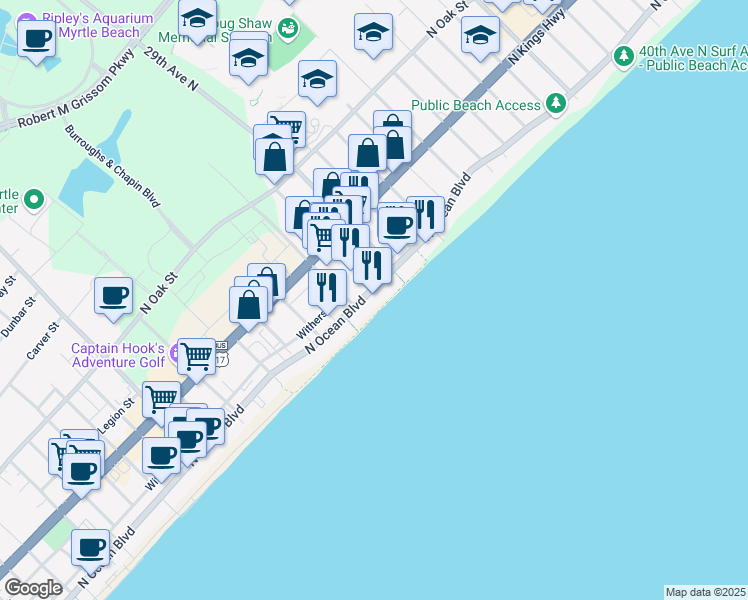 map of restaurants, bars, coffee shops, grocery stores, and more near 2800 North Ocean Boulevard in Myrtle Beach