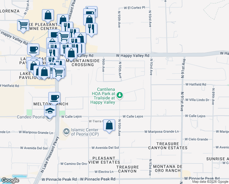 map of restaurants, bars, coffee shops, grocery stores, and more near 9526 West Jj Ranch Road in Peoria