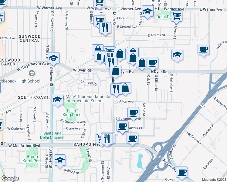 map of restaurants, bars, coffee shops, grocery stores, and more near 3126 South Main Street in Santa Ana