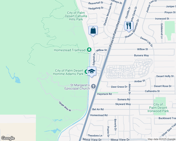 map of restaurants, bars, coffee shops, grocery stores, and more near 72-500 Thrush Road in Palm Desert