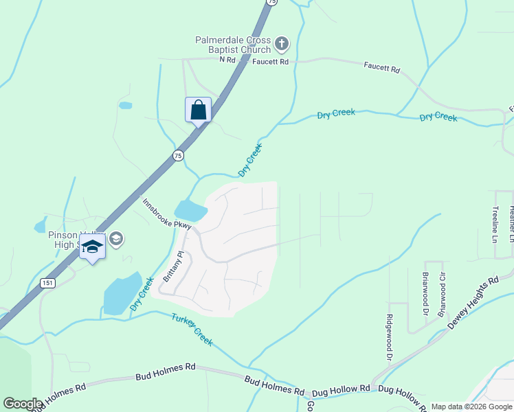 map of restaurants, bars, coffee shops, grocery stores, and more near 6814 Brook Crest Way in Pinson