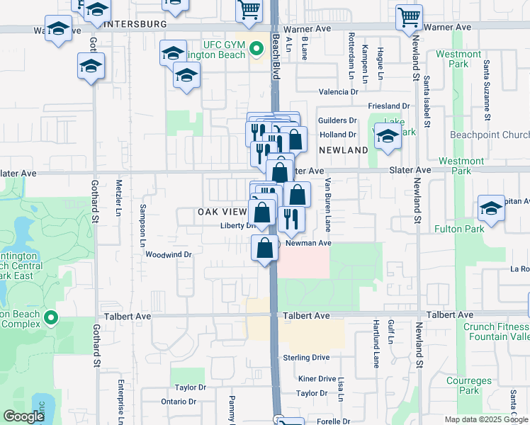 map of restaurants, bars, coffee shops, grocery stores, and more near 7942 Speer Drive in Huntington Beach
