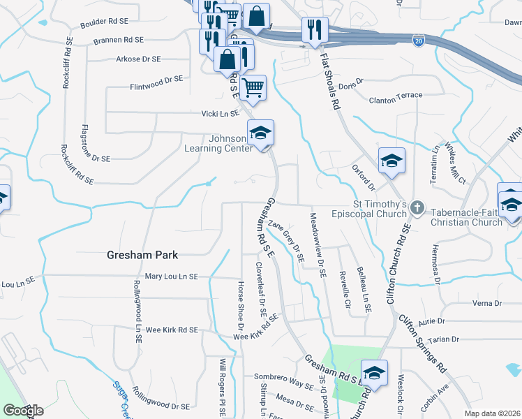map of restaurants, bars, coffee shops, grocery stores, and more near 2047 Boulderview Drive Southeast in Atlanta