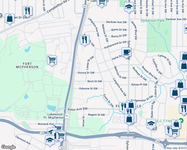 map of restaurants, bars, coffee shops, grocery stores, and more near 1104 Victory Drive Southwest in Atlanta