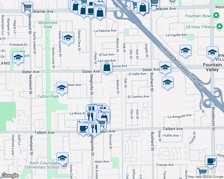 map of restaurants, bars, coffee shops, grocery stores, and more near 9168 El Azul Circle in Fountain Valley