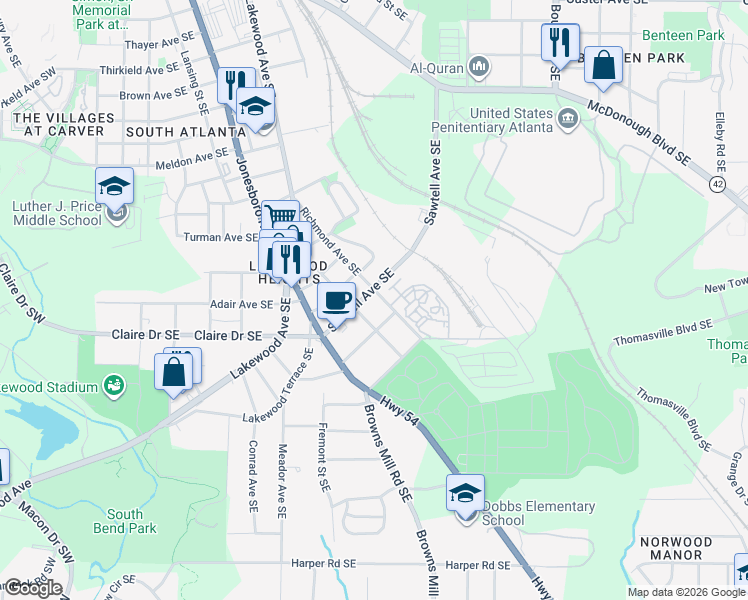 map of restaurants, bars, coffee shops, grocery stores, and more near 369 Sawtell Avenue Southeast in Atlanta