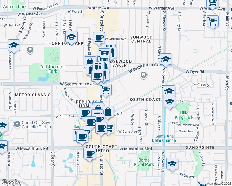 map of restaurants, bars, coffee shops, grocery stores, and more near 1114 West Garry Avenue in Santa Ana