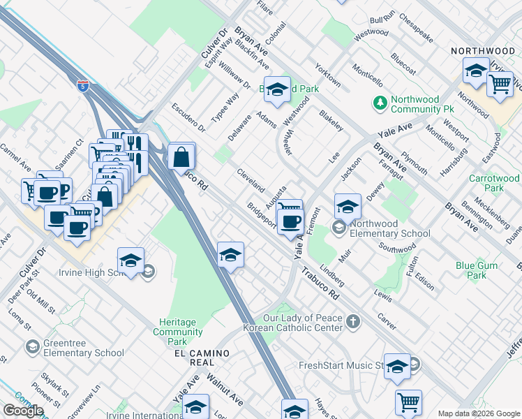 map of restaurants, bars, coffee shops, grocery stores, and more near 43 Augusta in Irvine