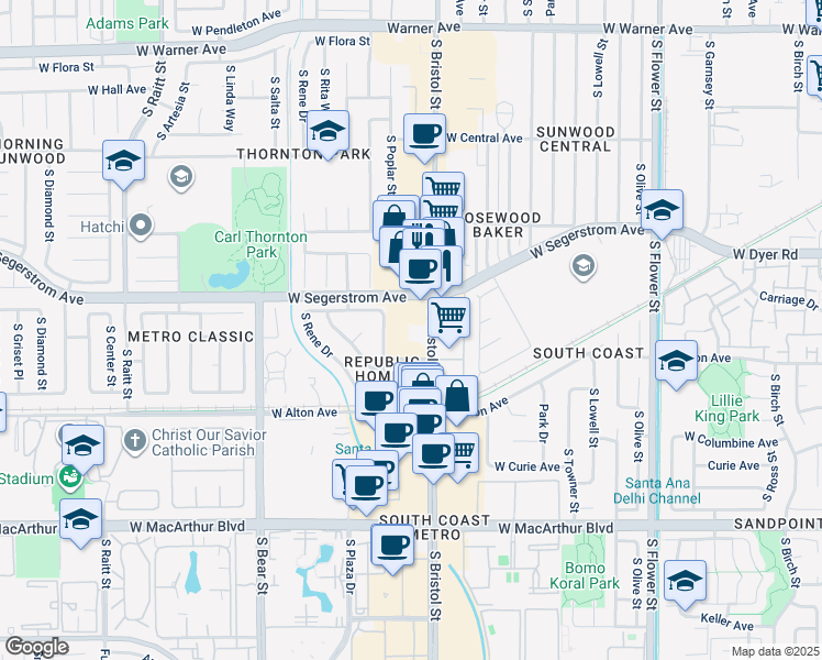 map of restaurants, bars, coffee shops, grocery stores, and more near 3050 South Bristol Street in Santa Ana