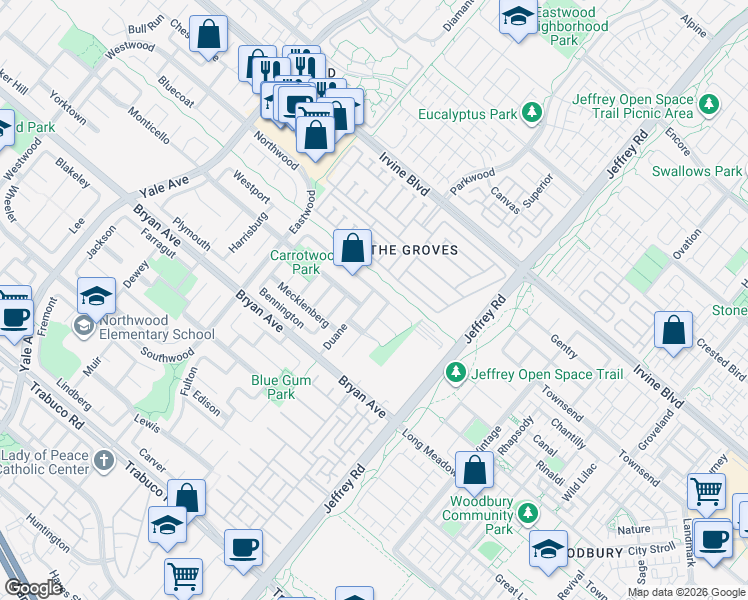 map of restaurants, bars, coffee shops, grocery stores, and more near 3 Duane in Irvine