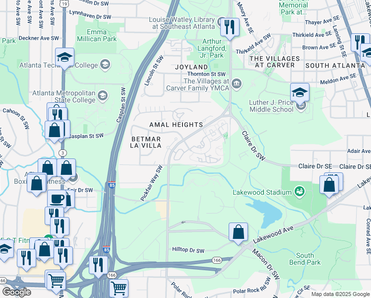 map of restaurants, bars, coffee shops, grocery stores, and more near 1752 Pryor Road Southwest in Atlanta