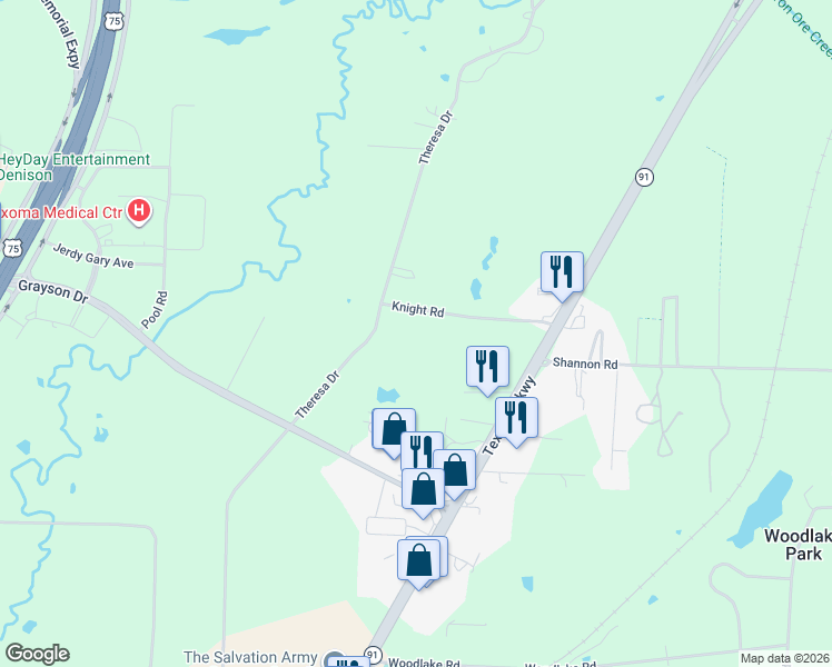 map of restaurants, bars, coffee shops, grocery stores, and more near 2410 Knight Road in Denison