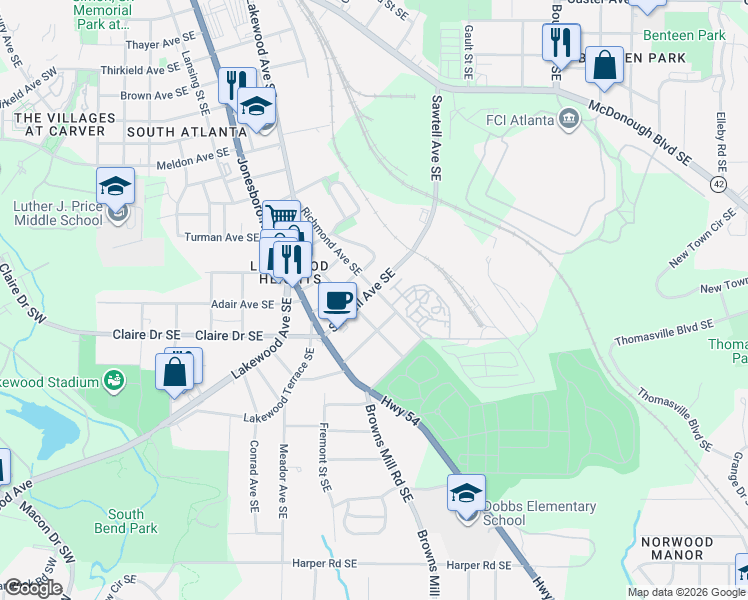 map of restaurants, bars, coffee shops, grocery stores, and more near 369 Sawtell Avenue Southeast in Atlanta