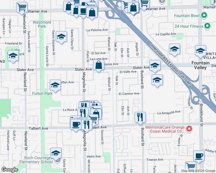 map of restaurants, bars, coffee shops, grocery stores, and more near 17648 Walnut Street in Fountain Valley