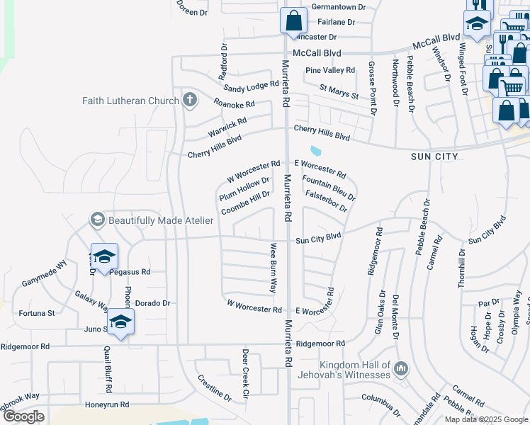 map of restaurants, bars, coffee shops, grocery stores, and more near 25871 Middlebury Way in Menifee