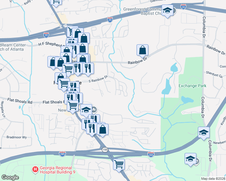 map of restaurants, bars, coffee shops, grocery stores, and more near 1564 Eastern Sunrise Lane in Decatur