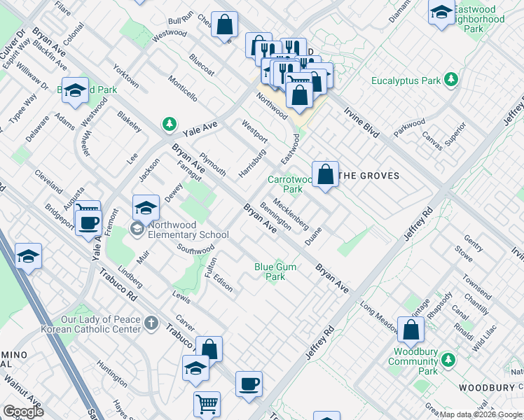map of restaurants, bars, coffee shops, grocery stores, and more near 29 Bennington in Irvine