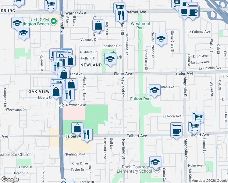 map of restaurants, bars, coffee shops, grocery stores, and more near 17653 Brittany Lane in Huntington Beach