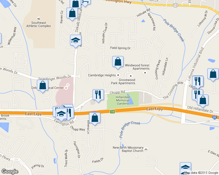 map of restaurants, bars, coffee shops, grocery stores, and more near 2751 Penwood Place in Lithonia