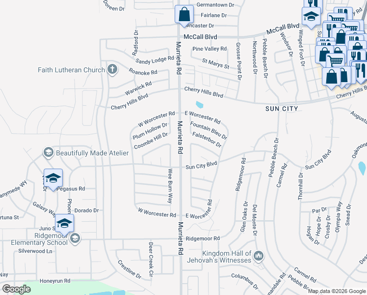 map of restaurants, bars, coffee shops, grocery stores, and more near 28546 Murrieta Road in Menifee