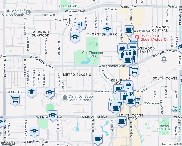 map of restaurants, bars, coffee shops, grocery stores, and more near 1801 West Garry Avenue in Santa Ana