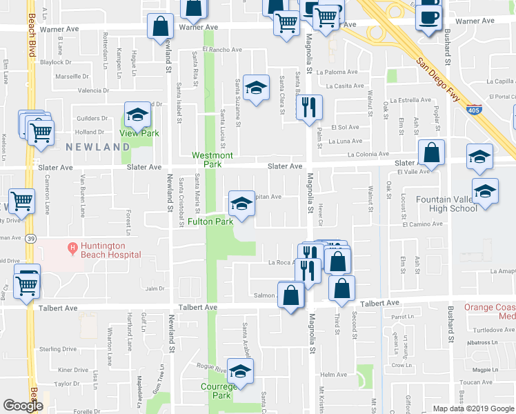 map of restaurants, bars, coffee shops, grocery stores, and more near 8807 El Lago Circle in Fountain Valley