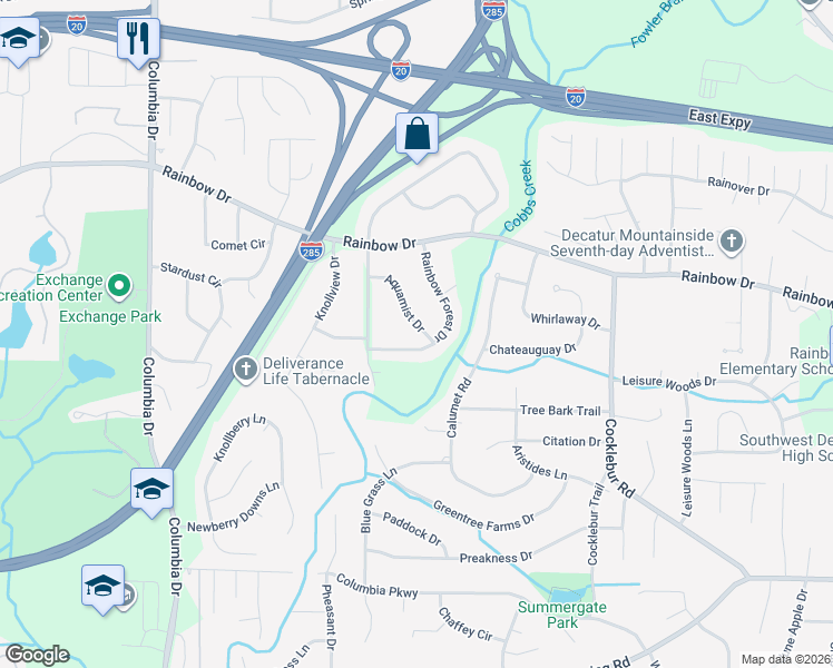 map of restaurants, bars, coffee shops, grocery stores, and more near 2731 Aquamist Drive in Decatur