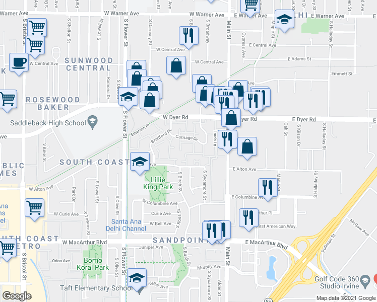 map of restaurants, bars, coffee shops, grocery stores, and more near 321 West Alton Avenue in Santa Ana