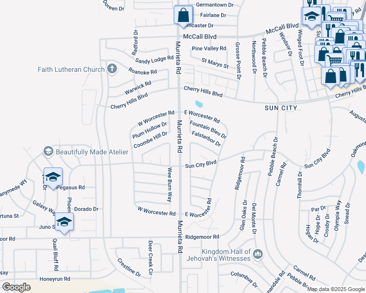 map of restaurants, bars, coffee shops, grocery stores, and more near 28546 Murrieta Road in Menifee